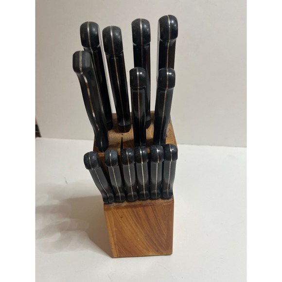Vintage 60s Knife Set with Block 13-Piece Kitchen Cutlery Knives Wood Block - Picture 1 of 4